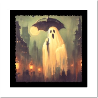 Vintage Spooky gothic Halloween ghost holding umbrella Posters and Art
